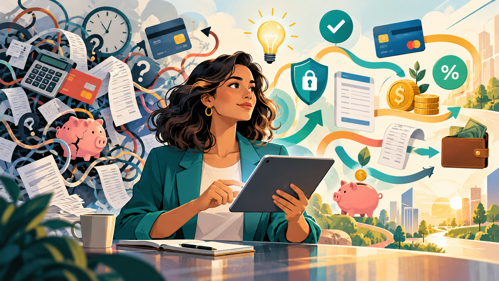Colorful editorial illustration depicting the transition from financial complexity to clarity. A woman uses a tablet, surrounded by credit cards, receipts, calculators, and tangled financial symbols on one side, and organized icons representing savings, credit, security, and financial understanding on the other.