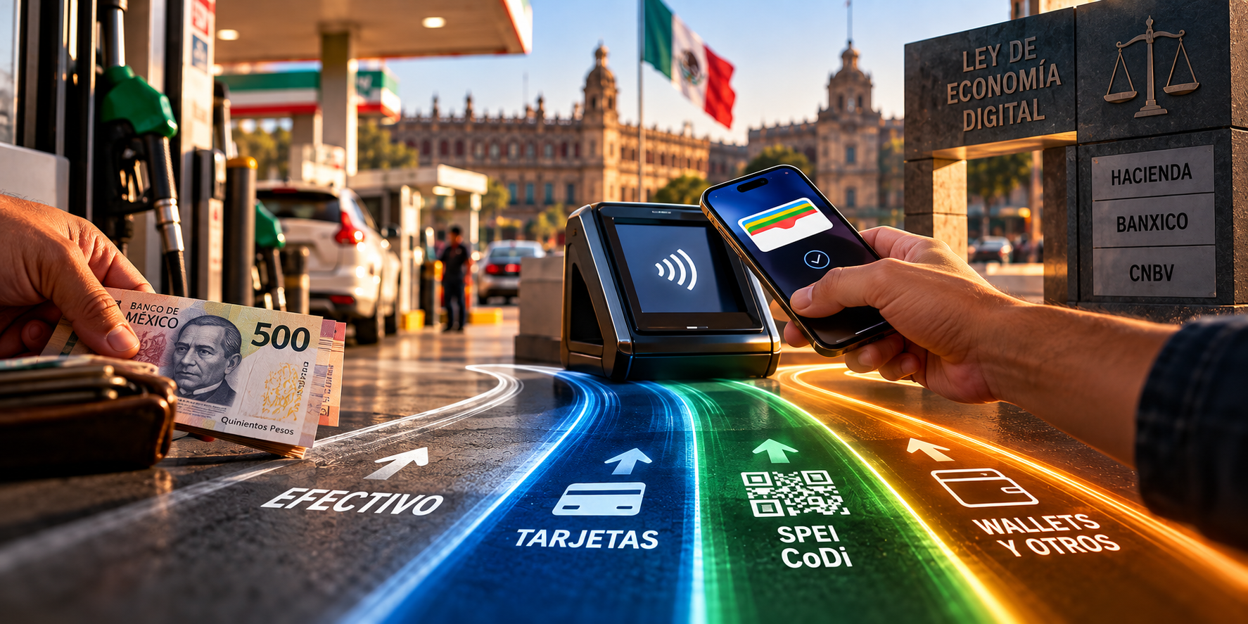 Escena de una gasolinera en México que contrapone efectivo y pagos digitales. A la izquierda, una mano sostiene un billete de 500 pesos; al centro aparecen una terminal de pago sin contacto y un teléfono móvil; al frente, cuatro carriles representan efectivo, tarjetas, SPEI/CoDi y wallets. Al fondo se observan la bandera de México y referencias a Hacienda, Banxico, CNBV y la Ley de Economía Digital, simbolizando la decisión regulatoria sobre quién financia la aceptación digital.