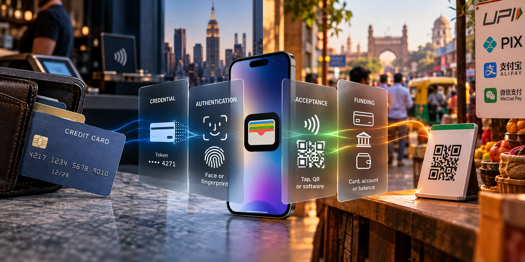 A smartphone sits at the center of a split payment ecosystem. On the left, a credit card, contactless terminal and U.S.-style card environment represent card-funded mobile wallets. On the right, QR payments and real-time payment systems such as UPI and Pix represent account-to-account mobile payments. Transparent layers around the phone illustrate the four functions being unbundled: credential, authentication, acceptance and funding.